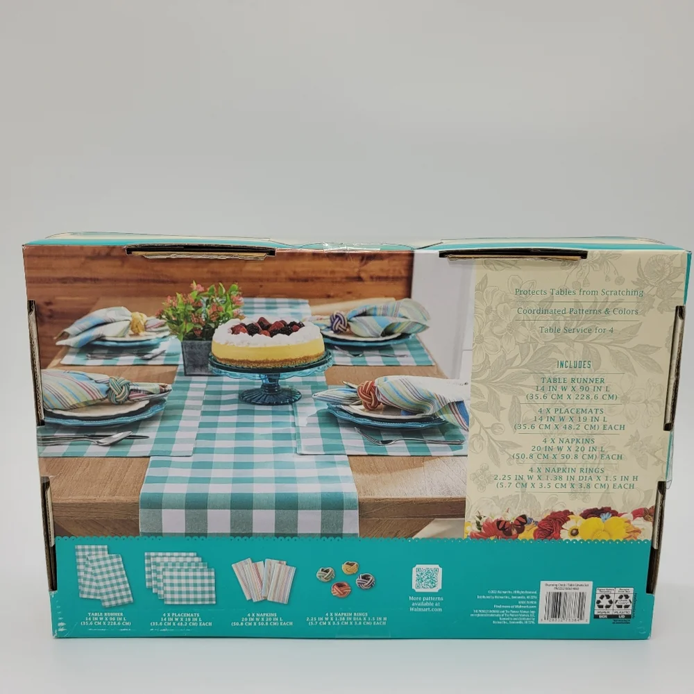 The Pioneer Woman Table Linen Set Teal White Charming Check Tablescape 13pc NEW